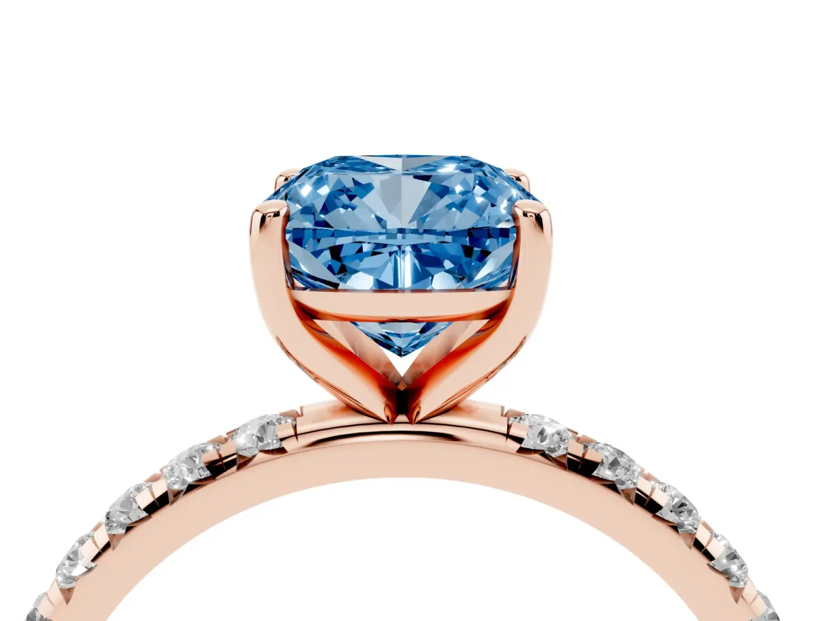 Fancy Blue Cushion Cut Cut Diamond Solitaire Ring with Micro Pave Band and Four Prong Setting Rose gold
