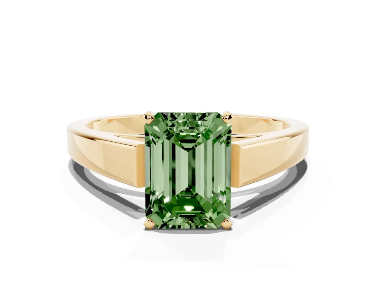 Fancy Green Emerald Cut Solitaire Engagement Ring with Four-Prong Setting and Tapered Band Yellow gold