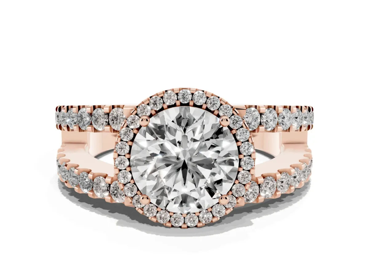 Round Cut Cut Halo Split Shank Diamond Ring with Four-Prong Setting Rose gold
