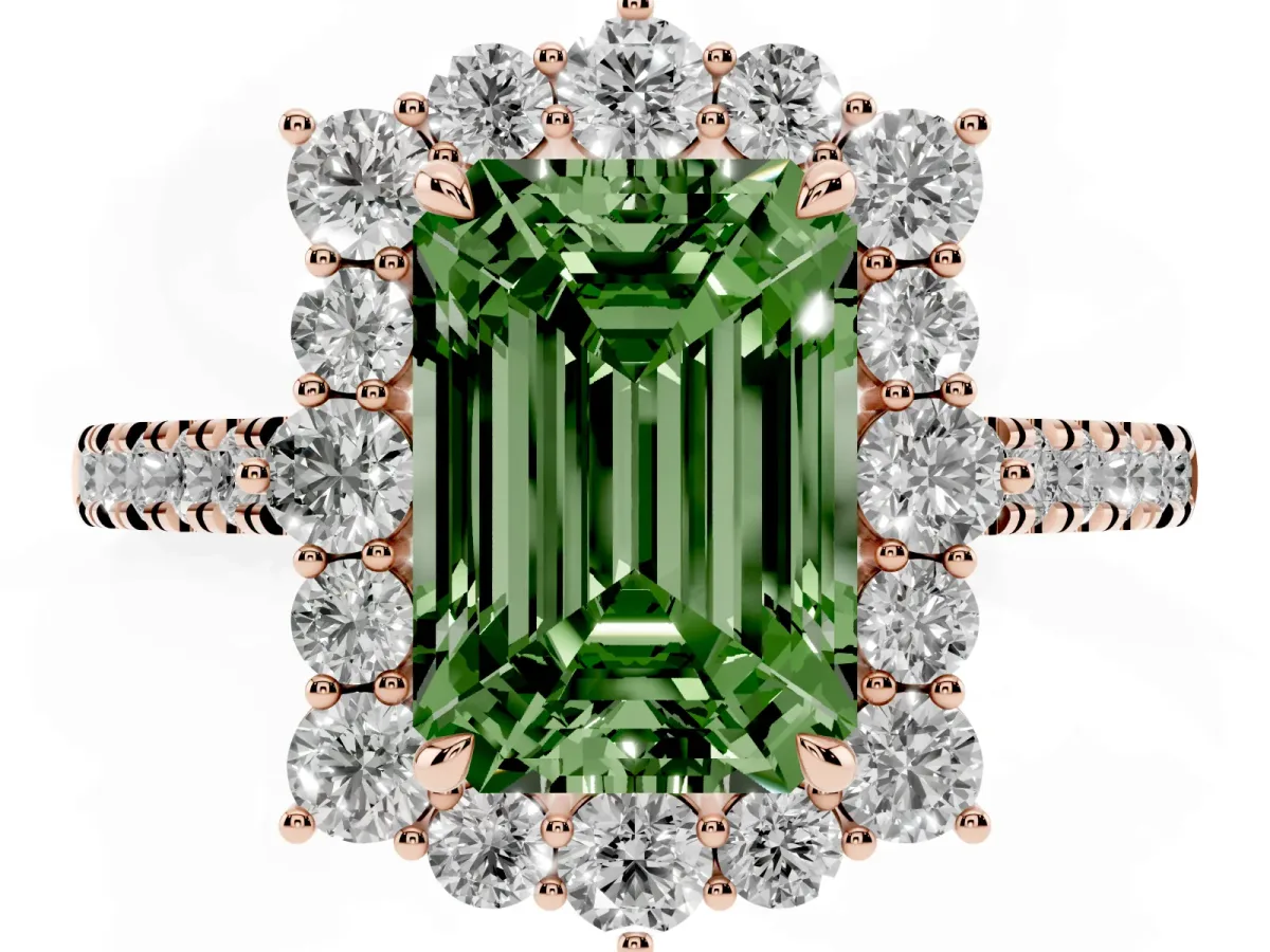 Fancy Green Emerald Cut Halo Diamond Ring with Pavé Band and Prong Setting Rose gold