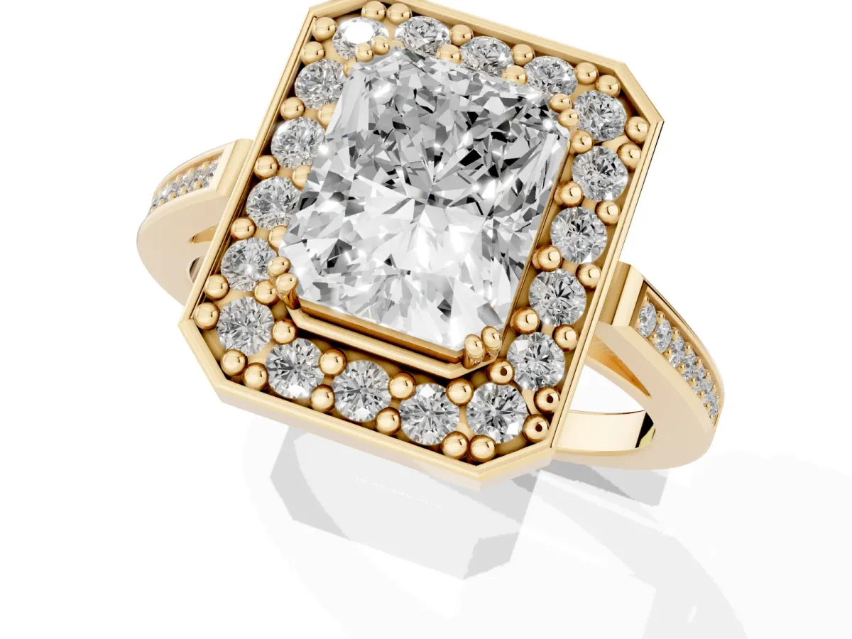 Radiant Cut Diamond Halo Ring with Split Shank and Four-Prong Setting Yellow gold