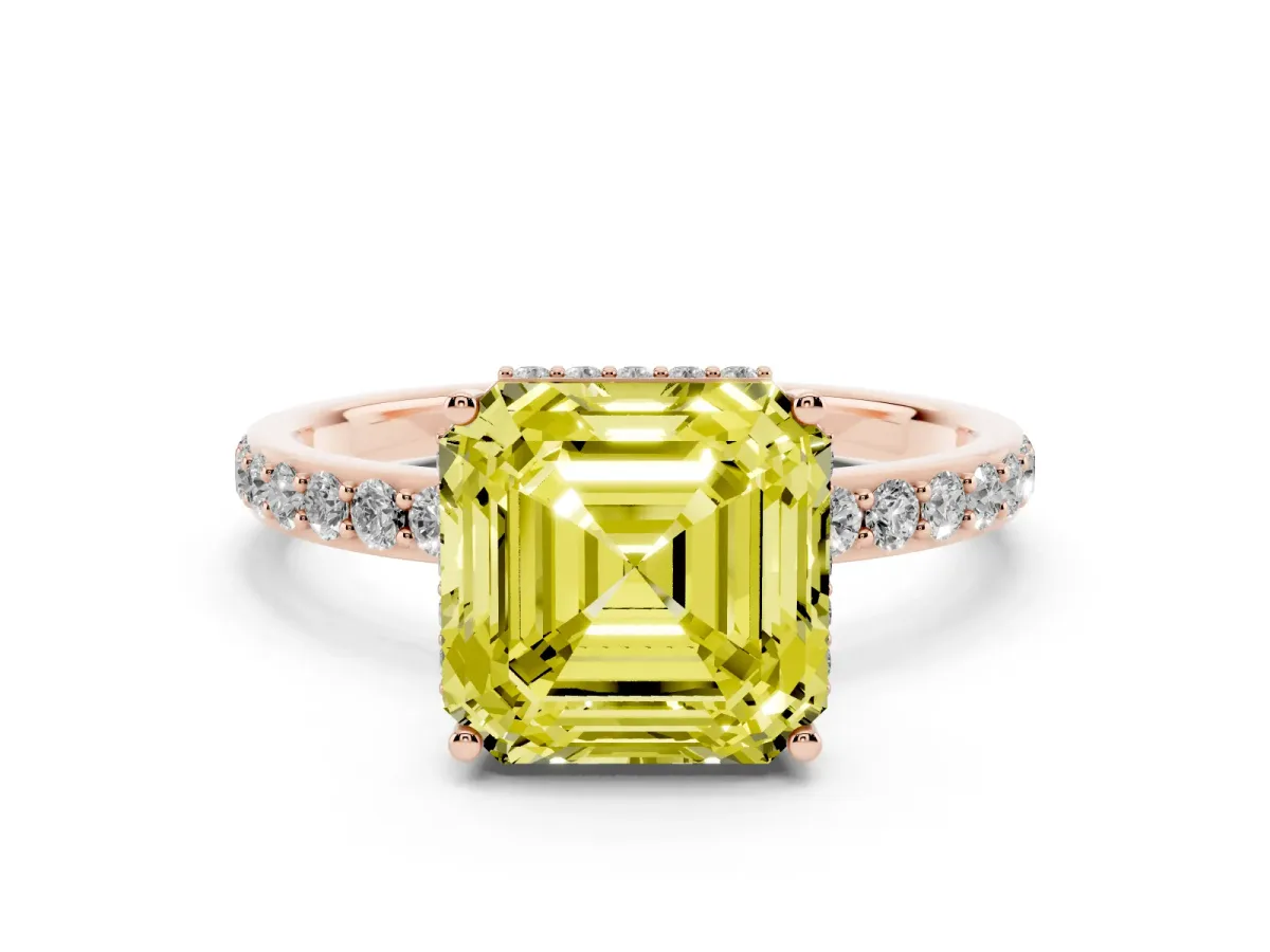 Fancy Yellow Asscher Cut Diamond Solitaire Ring with Pavé Band and Hidden Halo Rose gold