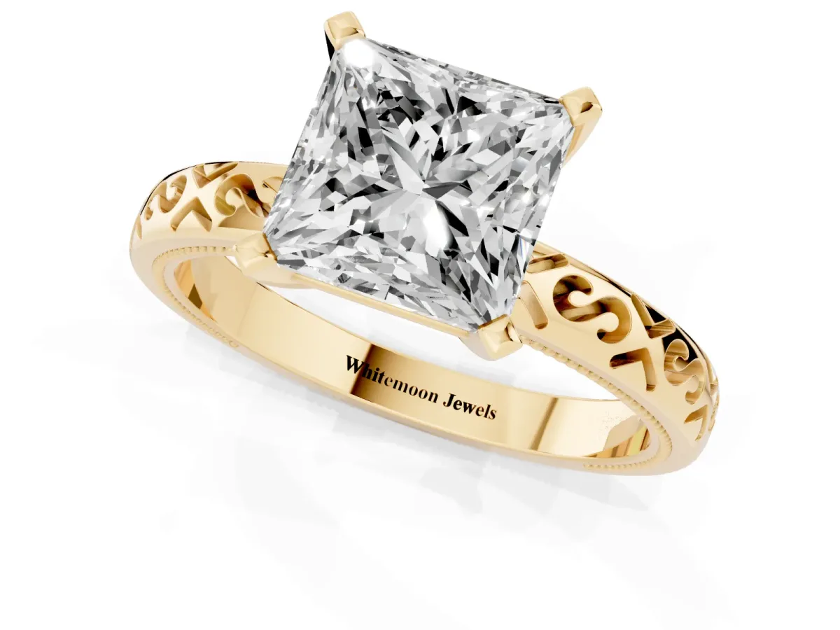Princess Cut Solitaire Engagement Ring with Scrollwork Band and Four-Prong Setting Yellow gold