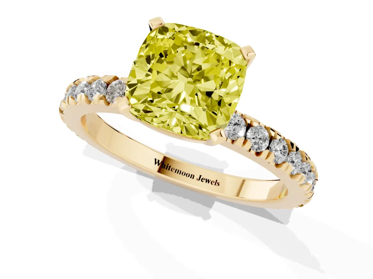 Fancy Yellow Cushion Cut Diamond Pavé Band Solitaire with Four-Prong Setting Yellow gold