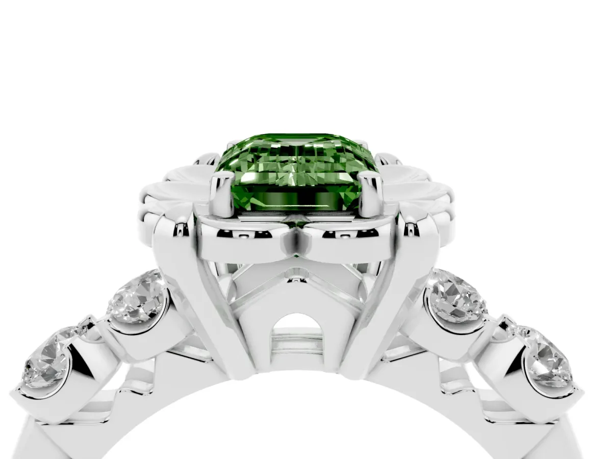 Fancy Green Emerald Cut Cut Diamond Floral Halo Engagement Ring with Shared Prong Setting Silver