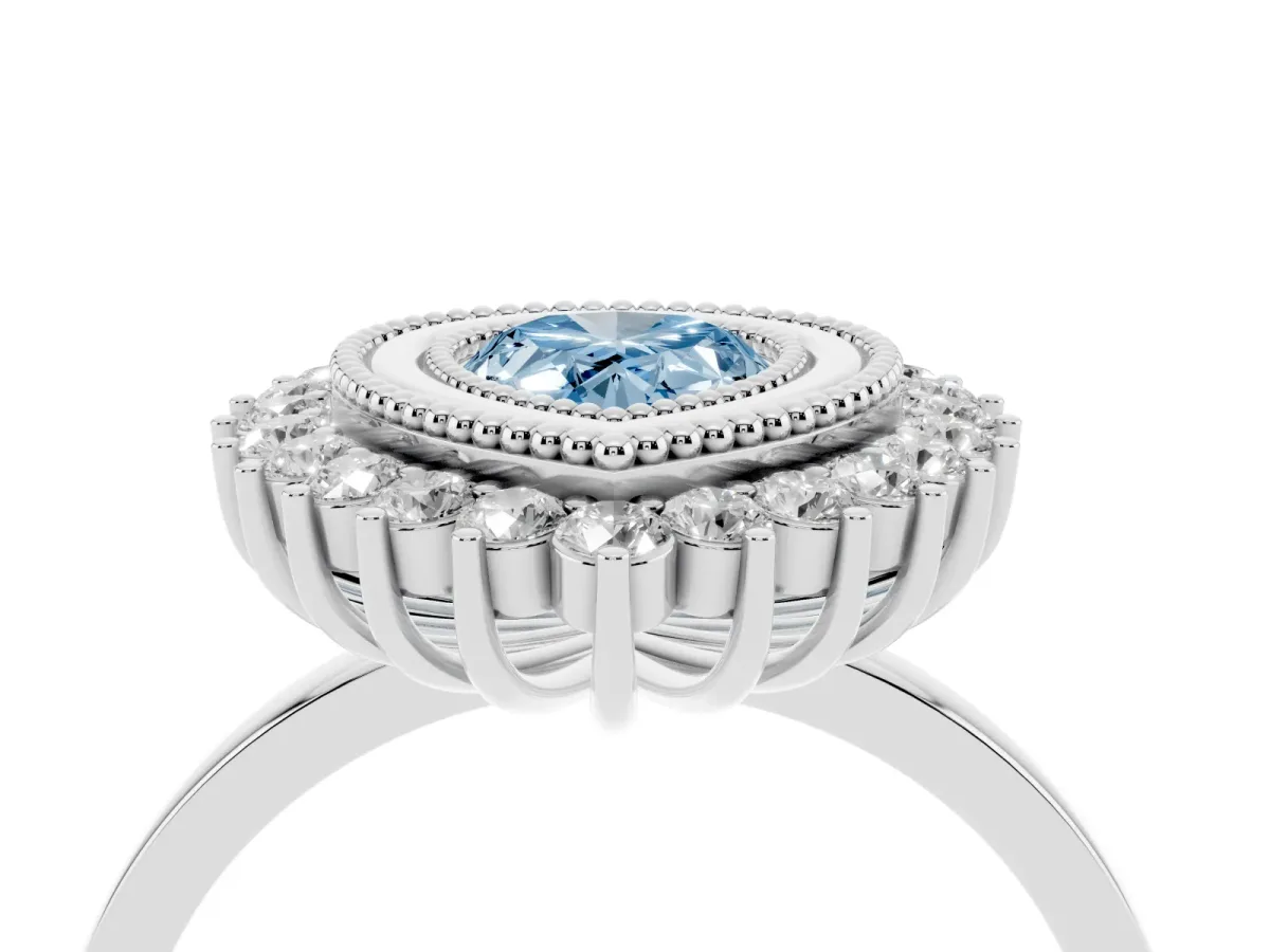 Fancy Blue Pear Cut Halo Diamond Ring with Milgrain Edge and Round Prong Setting Silver