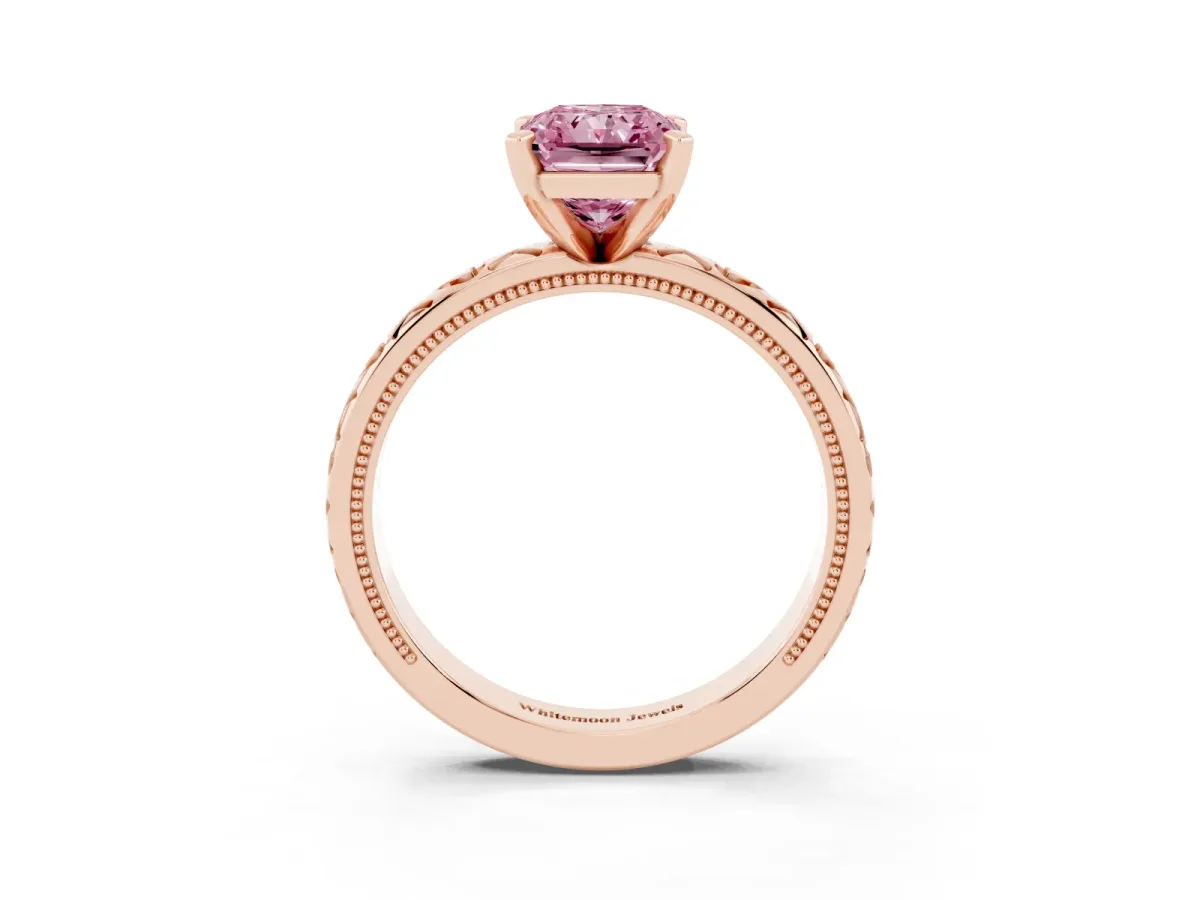 Fancy Pink Radiant Cut Solitaire Diamond Engagement Ring with XO Engraved Band and Four-Prong Setting Rose gold