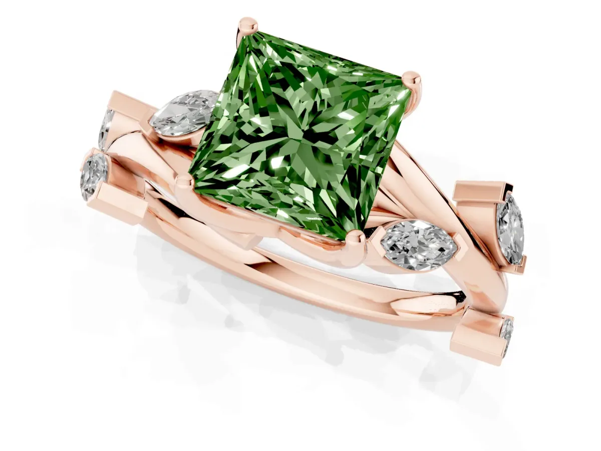 Fancy Green Princess Cut Solitaire Twisted Band Marquise Accent Prong Setting Ring Rose gold