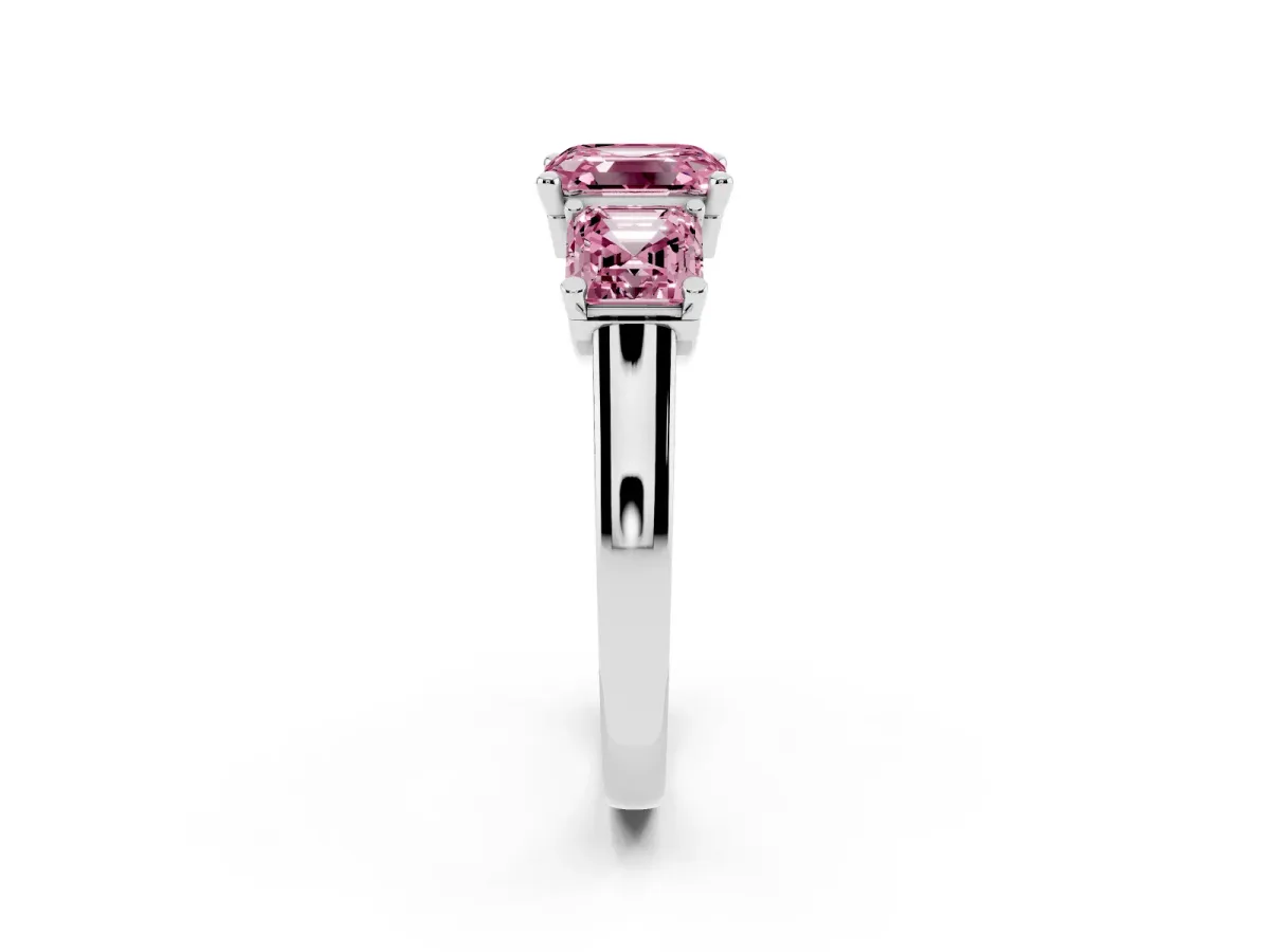 Fancy Pink Three-Stone Asscher Cut Brilliant Diamond Trellis Ring with Comfort Fit Band Silver