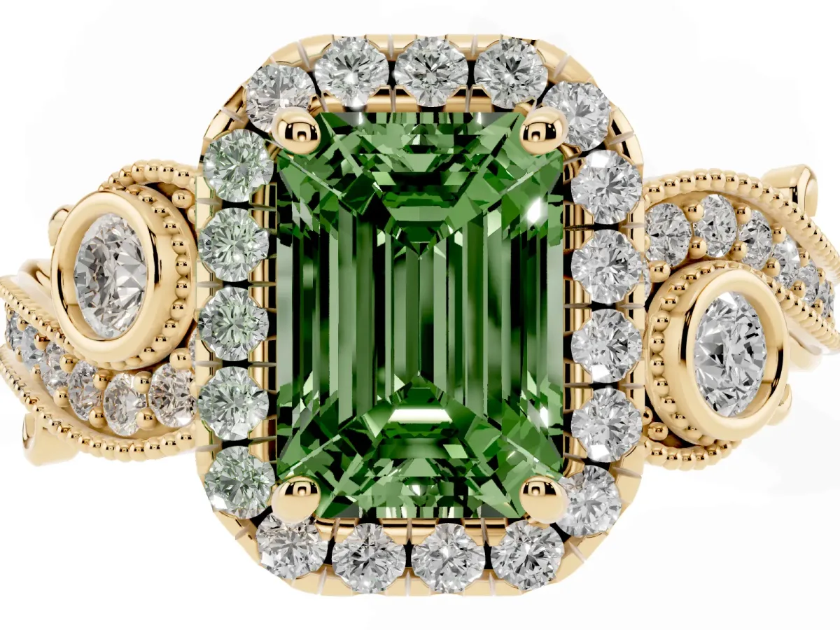 Fancy Green Emerald Cut Halo Diamond Ring with Milgrain and Bezel Accents on a Split Shank Band Yellow gold