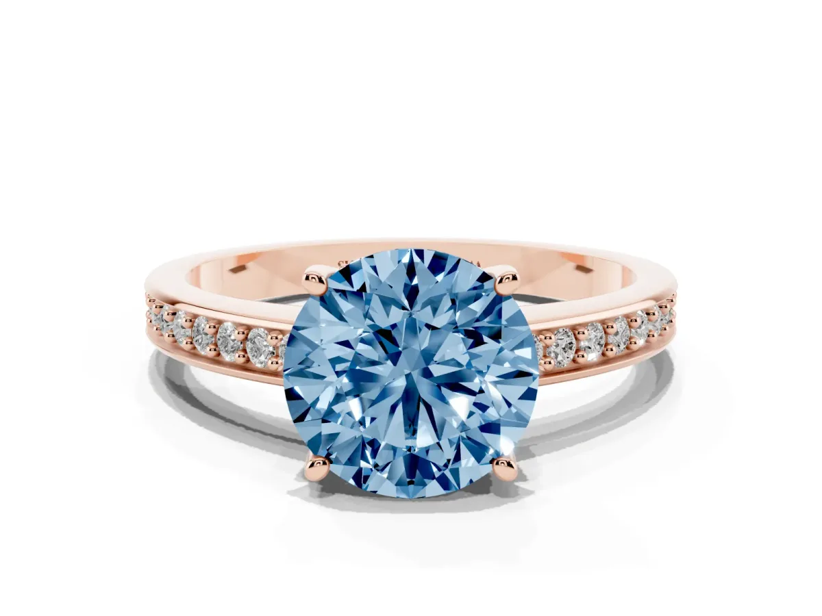 Fancy Blue Round Cut Solitaire Pavé Band Prong Setting Ring Rose gold