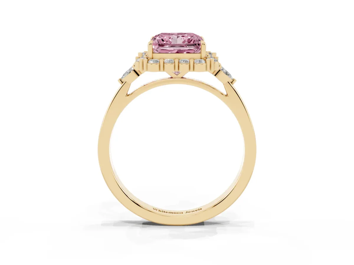 Fancy Pink Princess Cut Diamond Halo Ring with Pear Side Stones and Prong Setting Yellow gold
