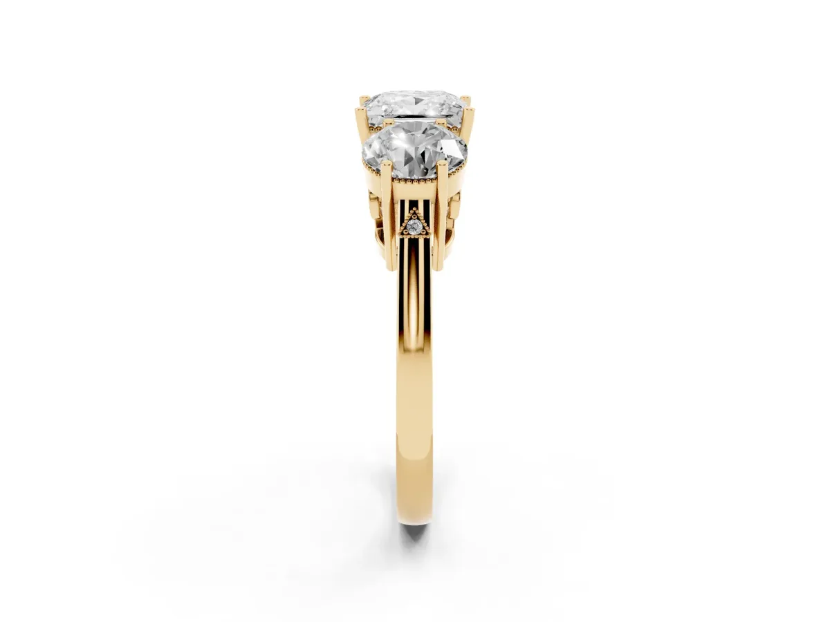 Three-Stone Princess Cut Diamond Engagement Ring with Prong Setting on a Classic Band Yellow gold