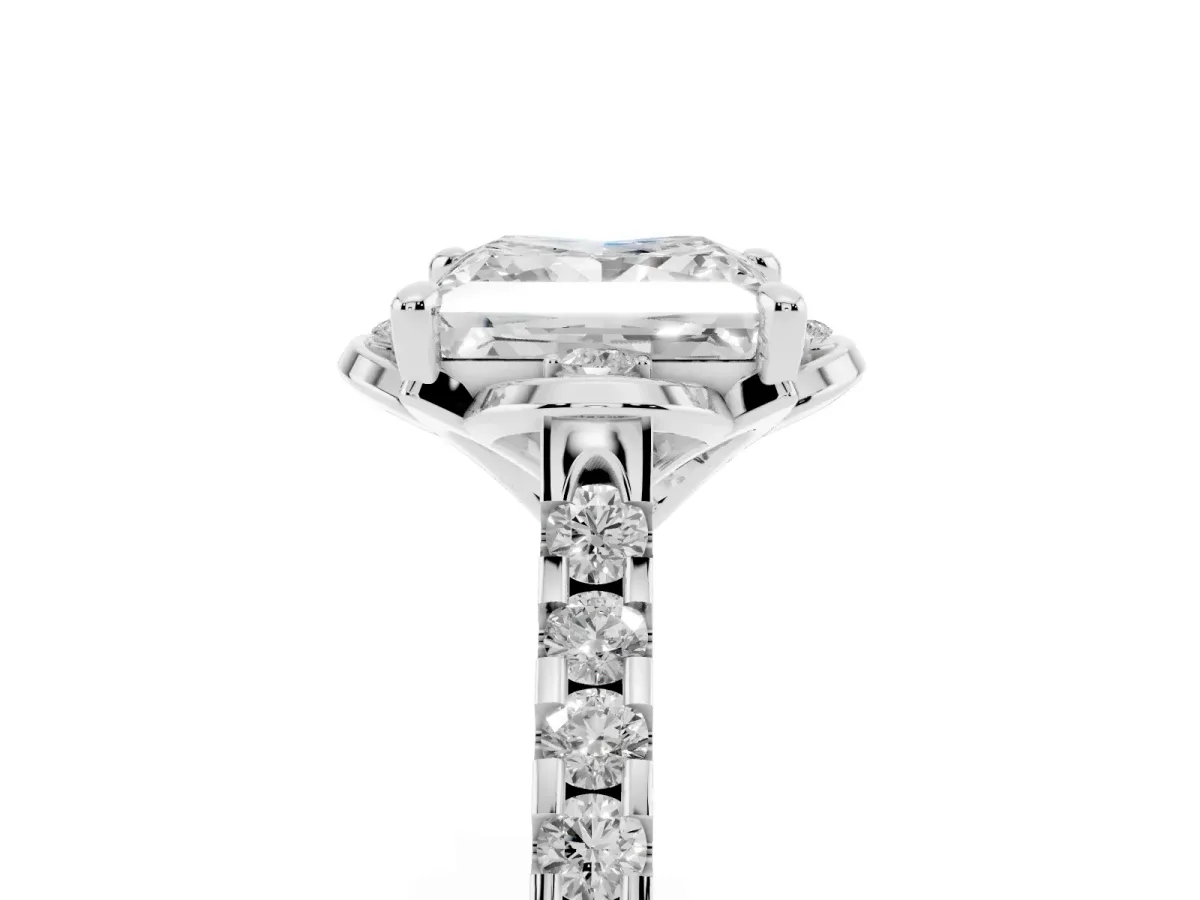 Princess Cut Diamond Ring with Pavé Band and Floral Prong Setting Silver