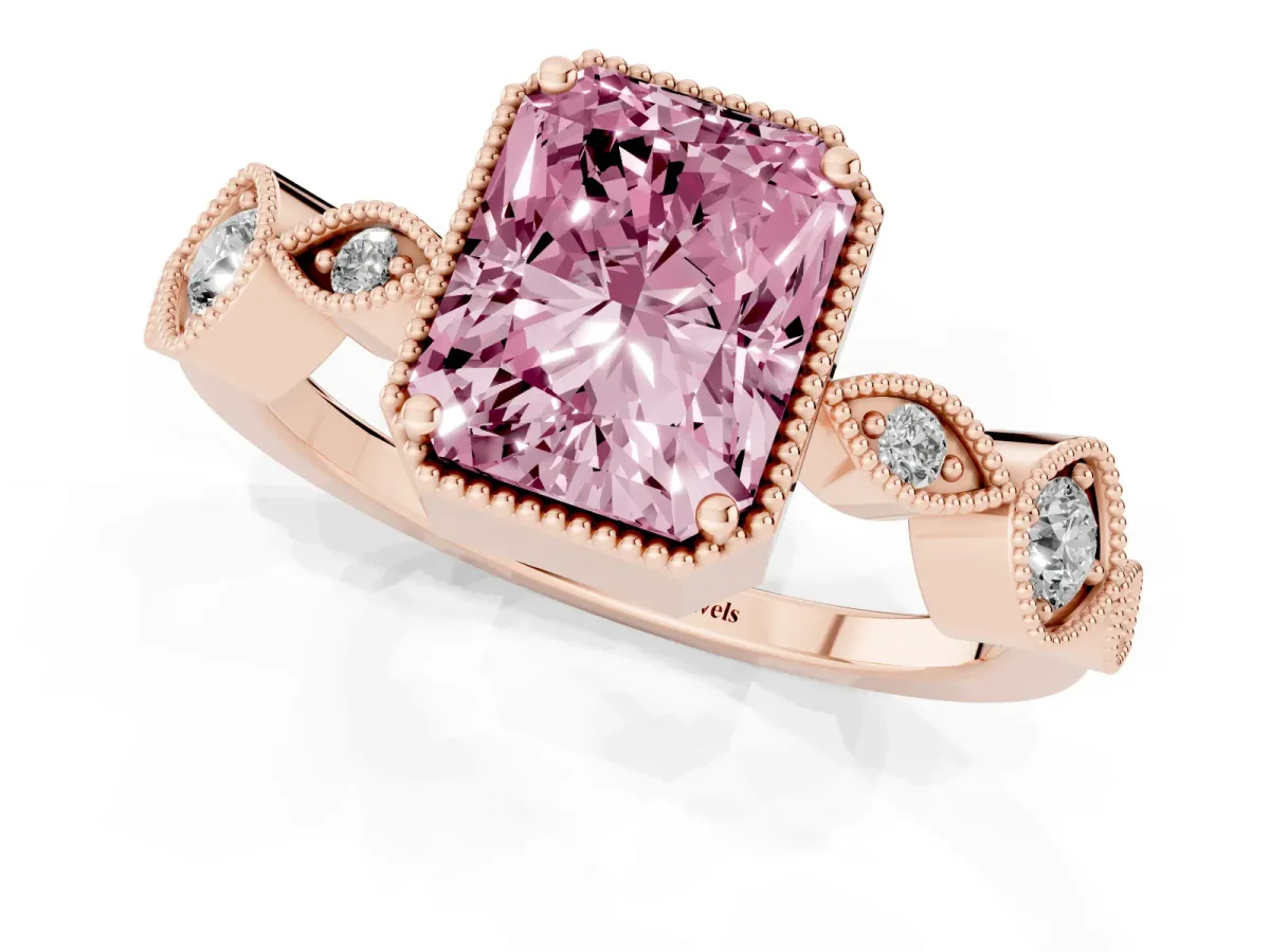 Fancy Pink Radiant Cut Diamond Vintage Milgrain Ring with Round Stations Rose gold