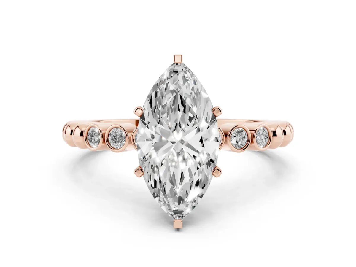 Marquise Cut Solitaire Bezel Accent Diamond Engagement Ring with Beaded Band and Four-Prong Setting Rose gold