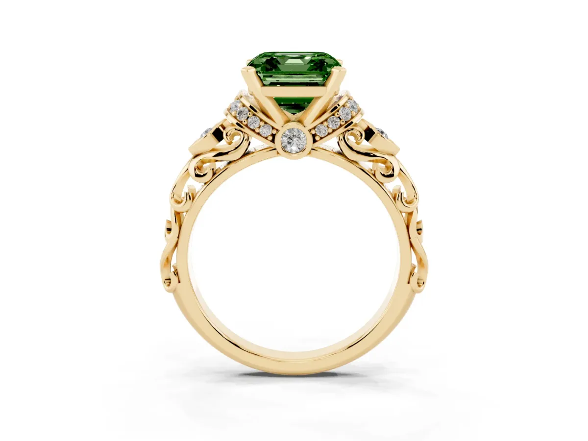 Fancy Green Asscher Cut Diamond Solitaire Ring with Filigree Band and Four-Prong Setting Yellow gold