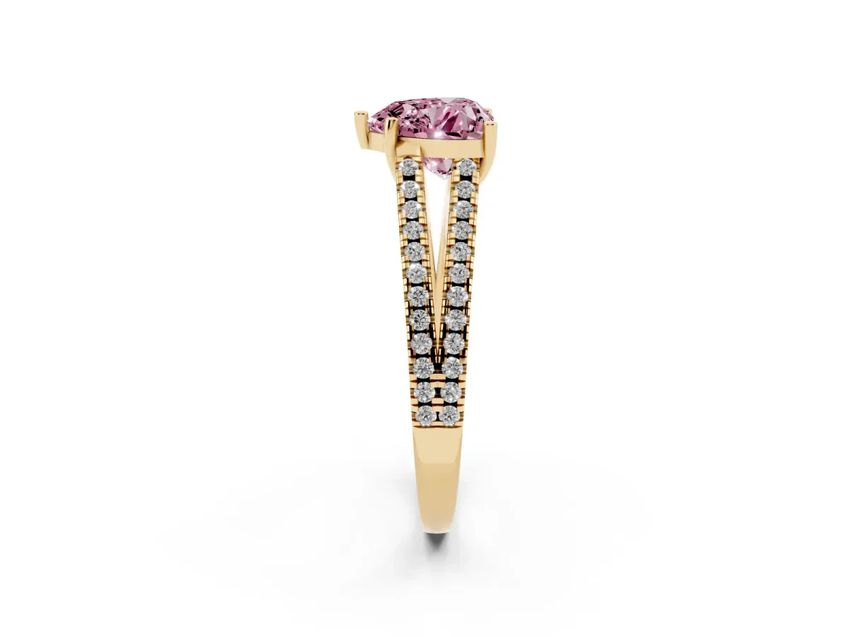 Fancy Pink Heart Cut Diamond Solitaire Engagement Ring with Split Shank Pavé Band Yellow gold