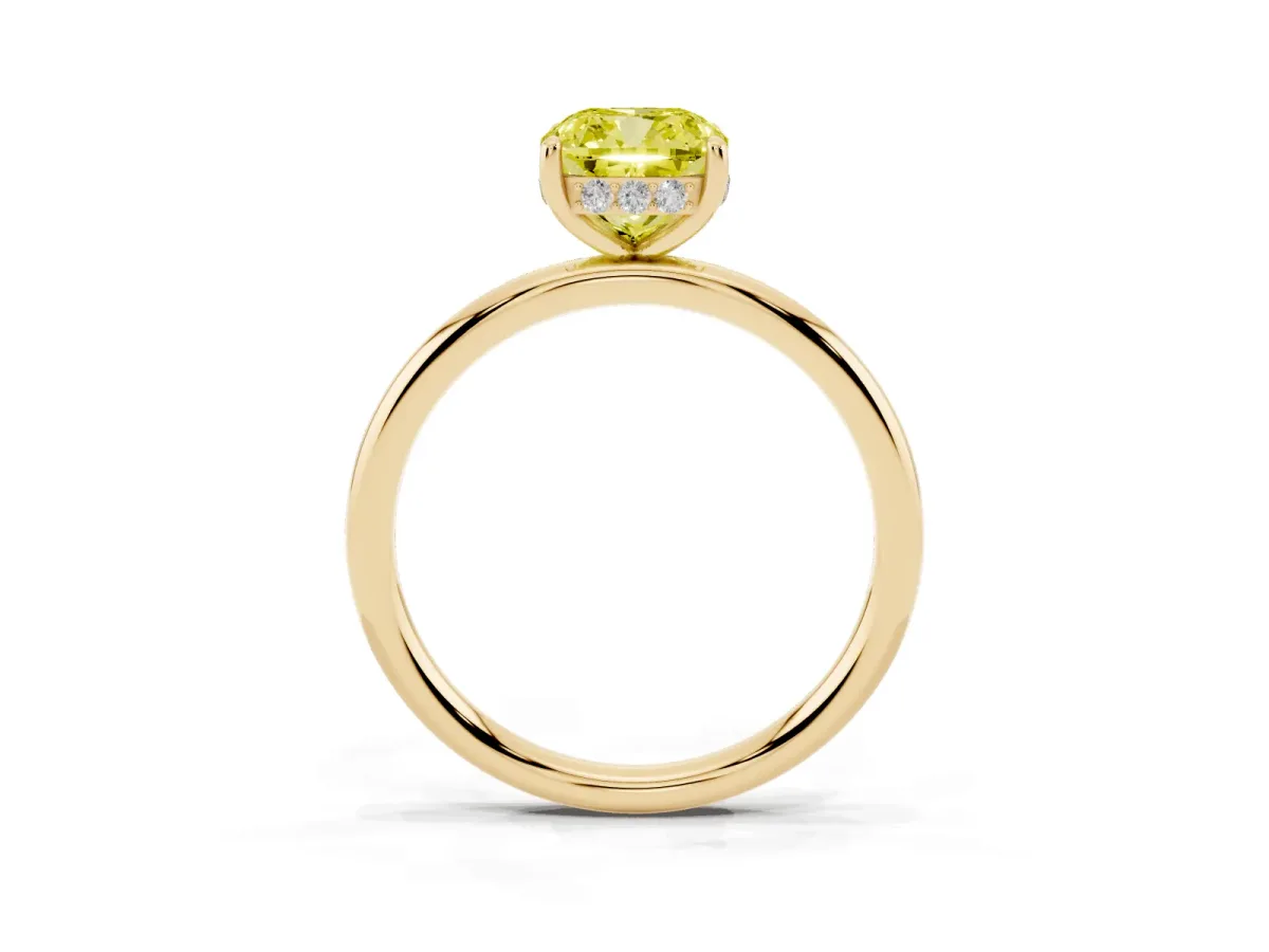 Fancy Yellow Cushion Cut Solitaire Diamond Ring with a Classic Band and Four-Prong Setting Yellow gold