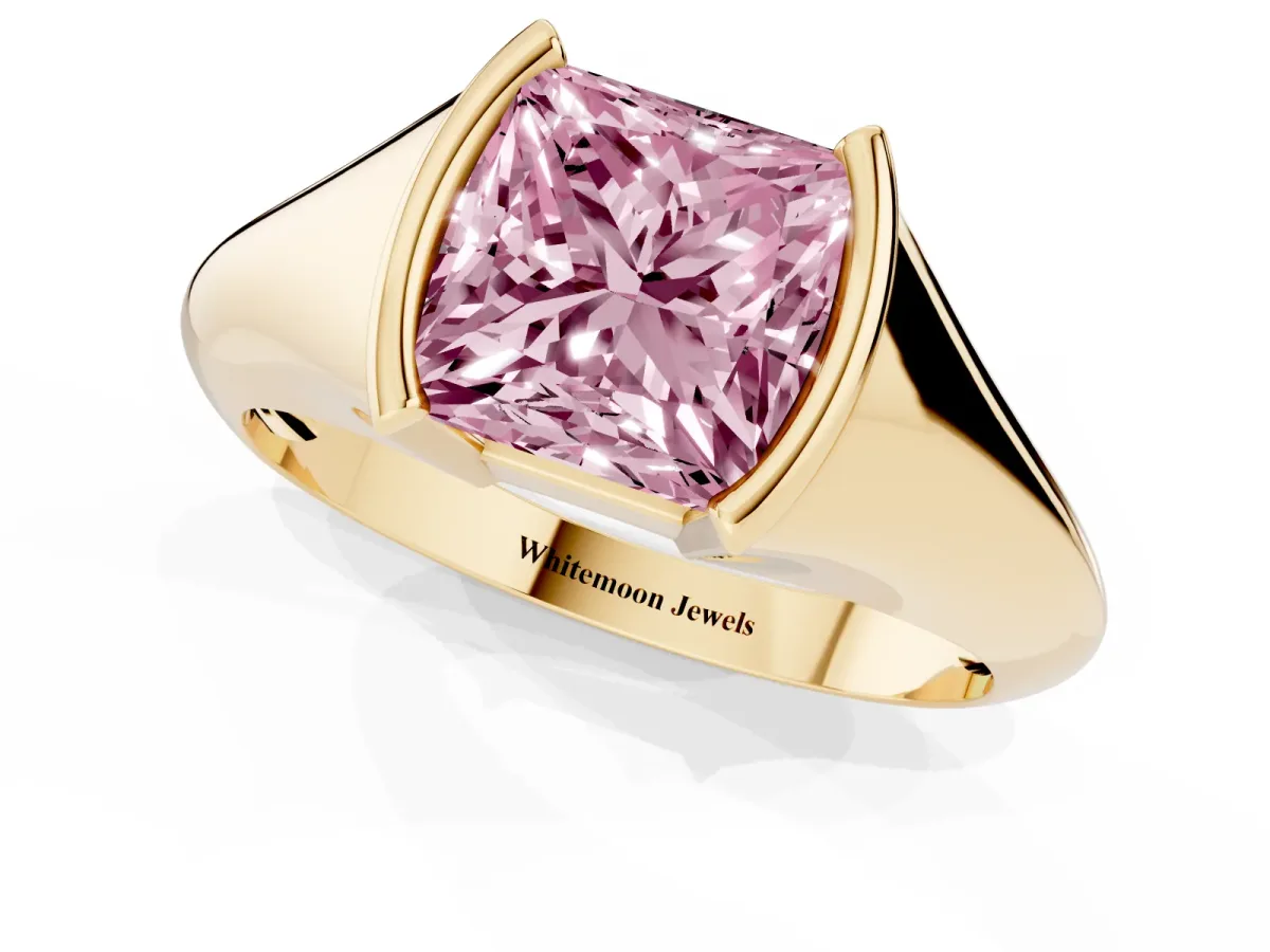 Fancy Pink Princess Cut Solitaire Tension Set Diamond Ring Yellow gold