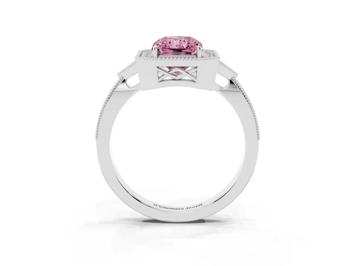 Fancy Pink Radiant Cut Halo Round Diamond Milgrain Pave Engagement Ring Silver