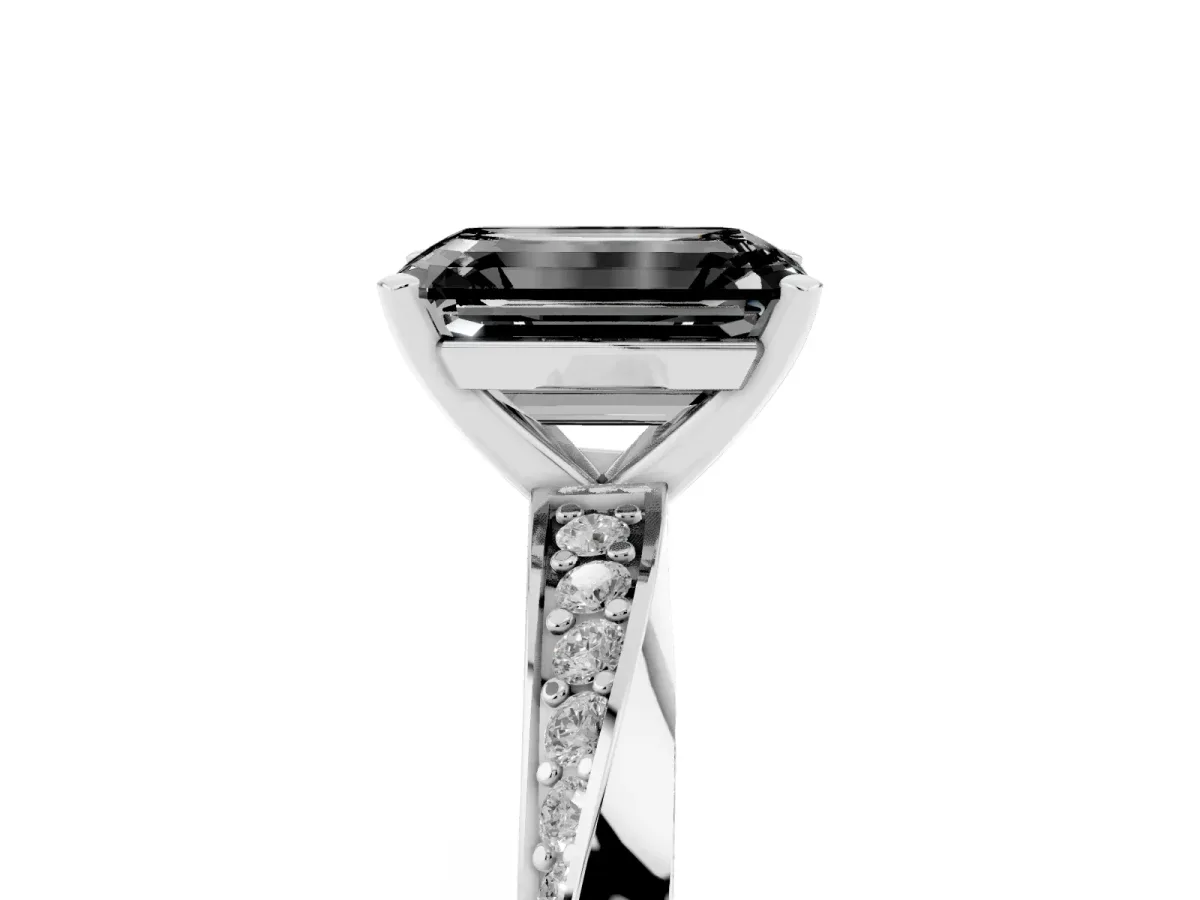 Fancy Black Emerald Cut Diamond Engagement Ring with Side Stone Accents and Four-Prong Setting Silver