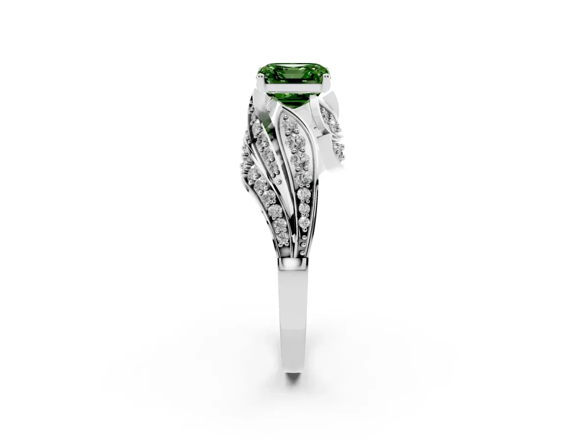 Fancy Green Asscher Cut Diamond Solitaire Ring with Prong Setting and Twisted Pavé Band Silver