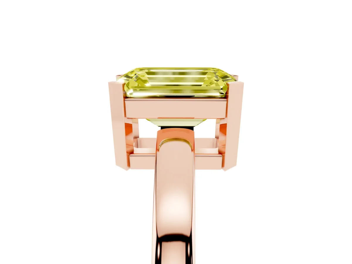 Fancy Yellow Emerald Cut Cut Solitaire Ring with Four-Prong Setting and Classic Band Rose gold