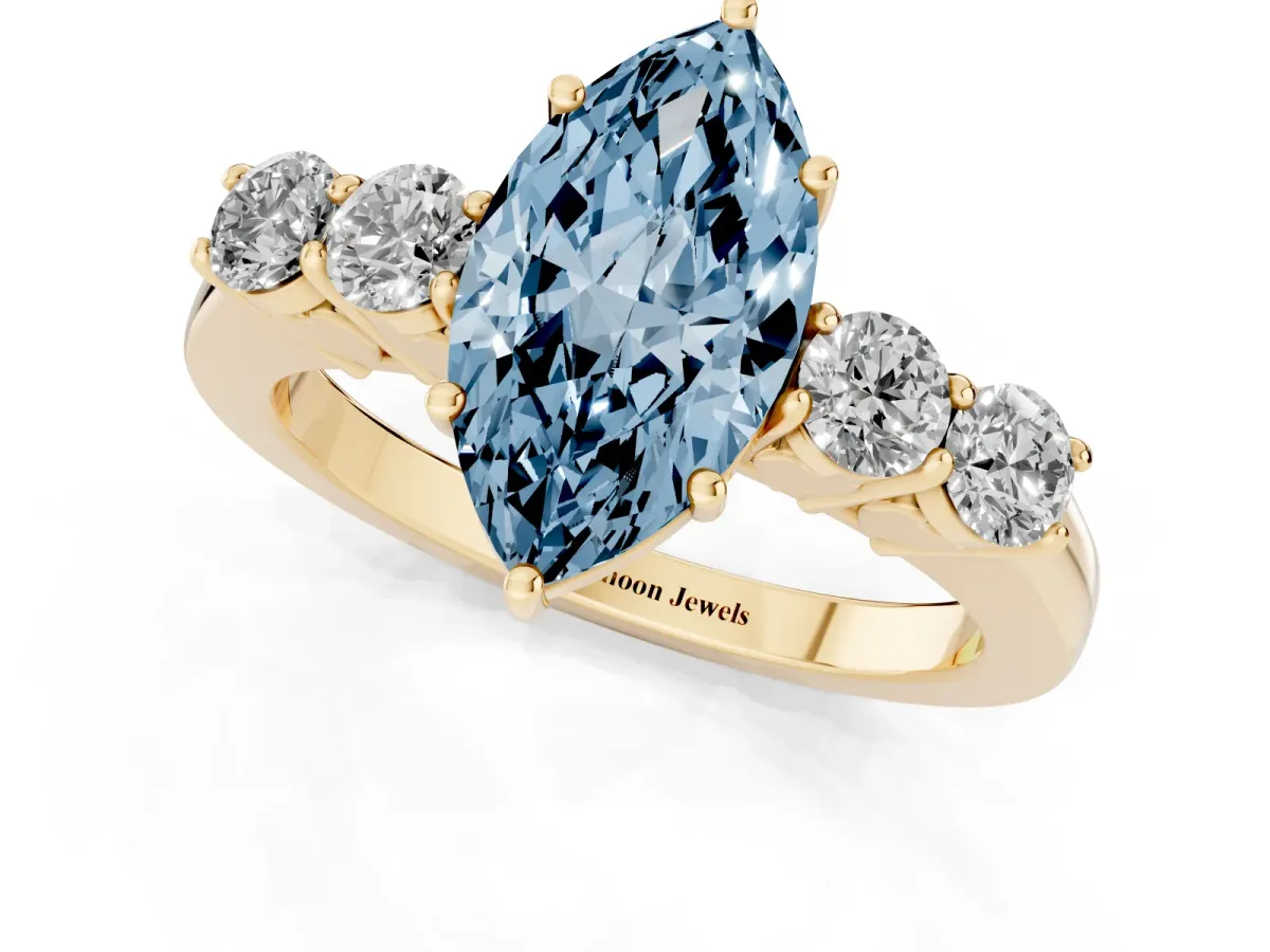 Fancy Blue Marquise Cut Cut Diamond Five-Stone Prong Set White Gold Ring Yellow gold