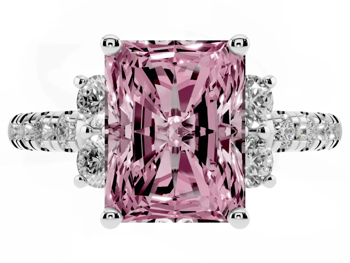 Fancy Pink Radiant Cut Diamond Three-Stone Pave Band with Four-Prong Setting Silver