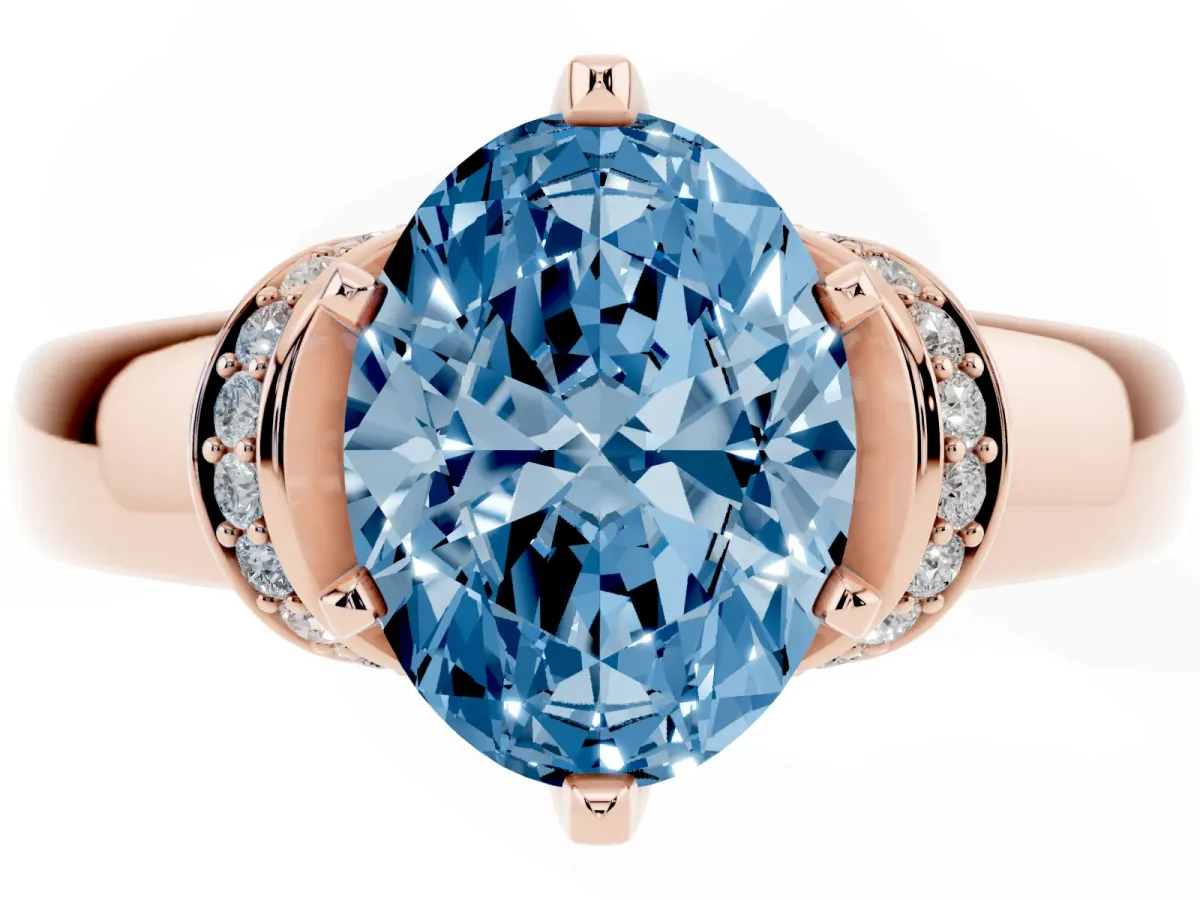 Fancy Blue Oval Cut Solitaire Diamond Ring with Pave Band and Six-Prong Setting Rose gold