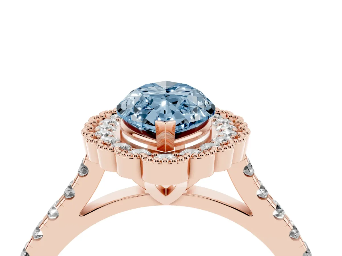Fancy Blue Marquise Cut Cut Diamond Milgrain Floral Halo Engagement Ring with Pavé Band Rose gold