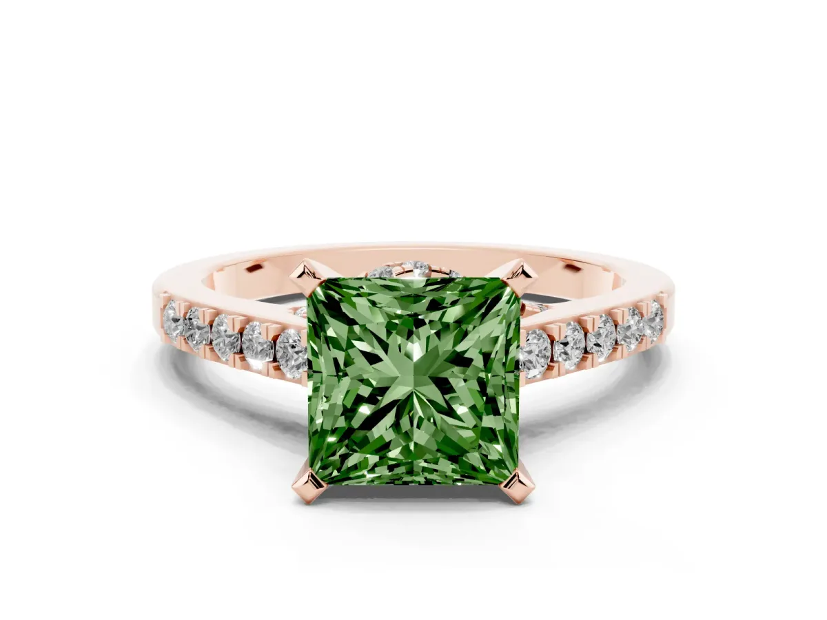 Fancy Green Princess Cut Diamond Solitaire Ring with Crossover Gallery and Round Pavé Band Rose gold