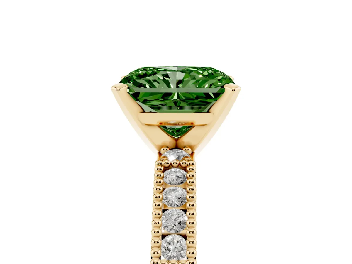 Fancy Green Radiant Cut Solitaire with Pavé Band and Four-Prong Setting Yellow gold