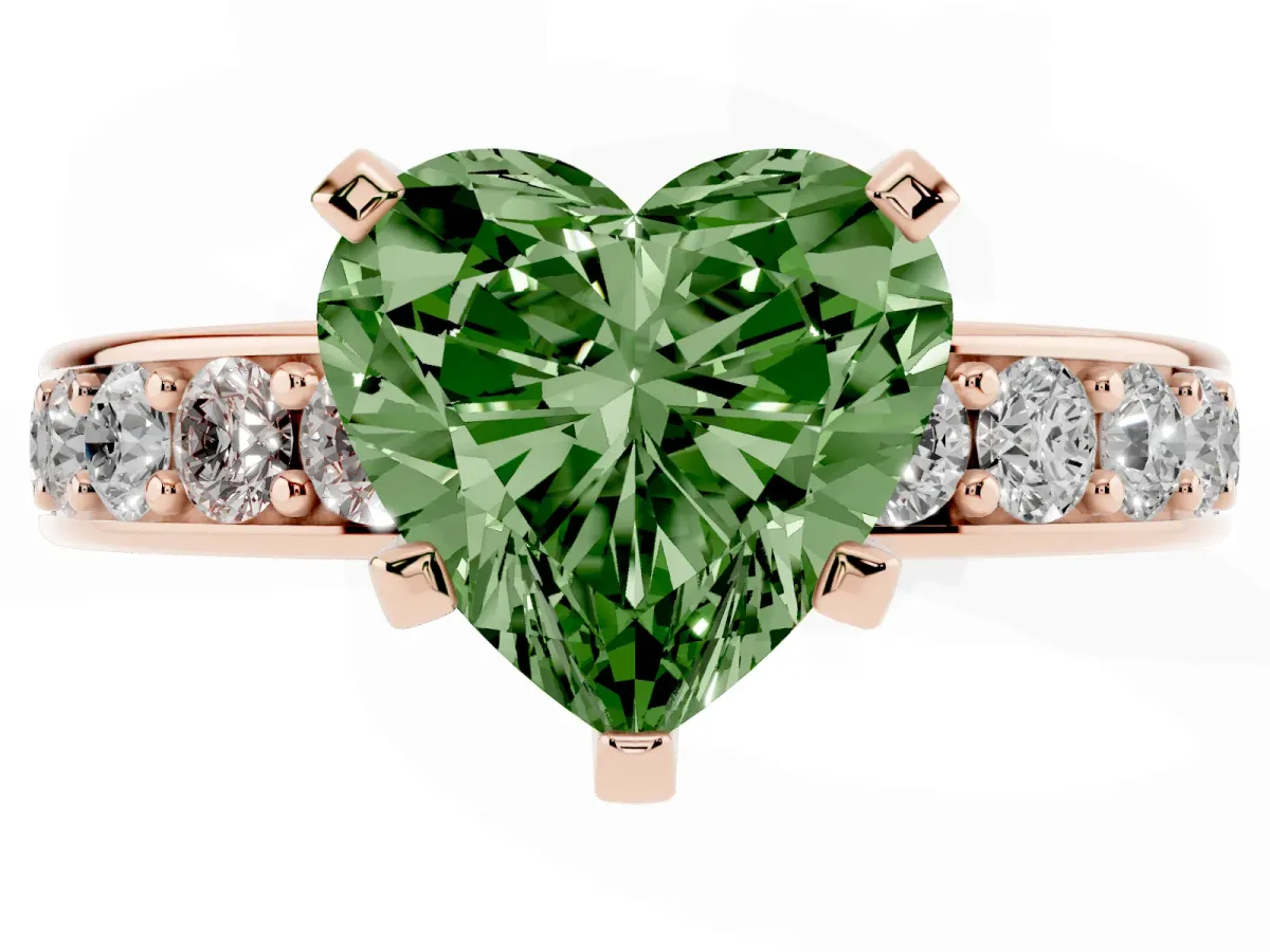 Fancy Green Heart Cut Diamond Engagement Ring with Channel Set Round Band and Prong Setting Rose gold