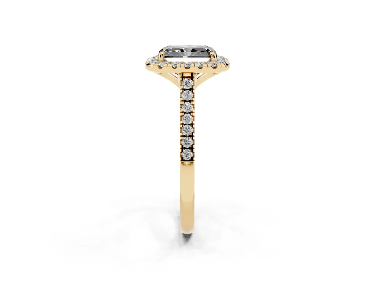 Fancy Black Radiant Cut Diamond Cushion Halo Ring with Pavé Band Yellow gold