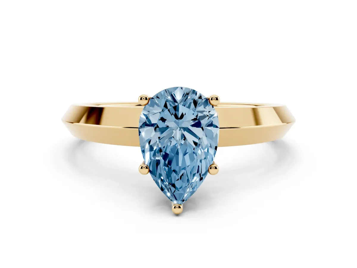 Fancy Blue Pear Cut Cut Solitaire Engagement Ring with Flat Band and Four-Prong Setting Yellow gold