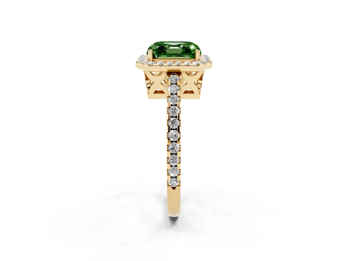 Fancy Green Asscher Cut Diamond Halo Engagement Ring with Pavé Band and Prong Setting Yellow gold