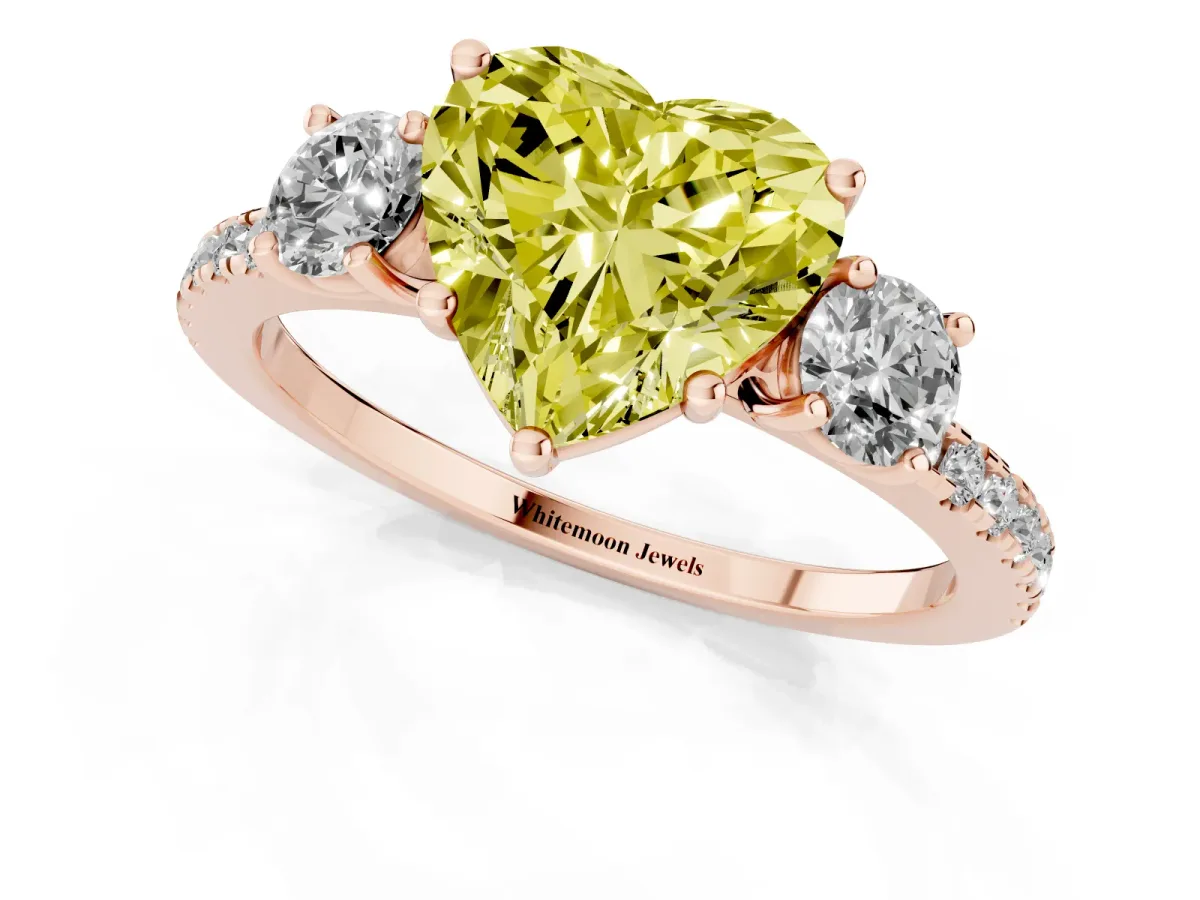 Fancy Yellow Three-Stone Heart Cut Cut Diamond Pavé Band with Prong Setting Rose gold