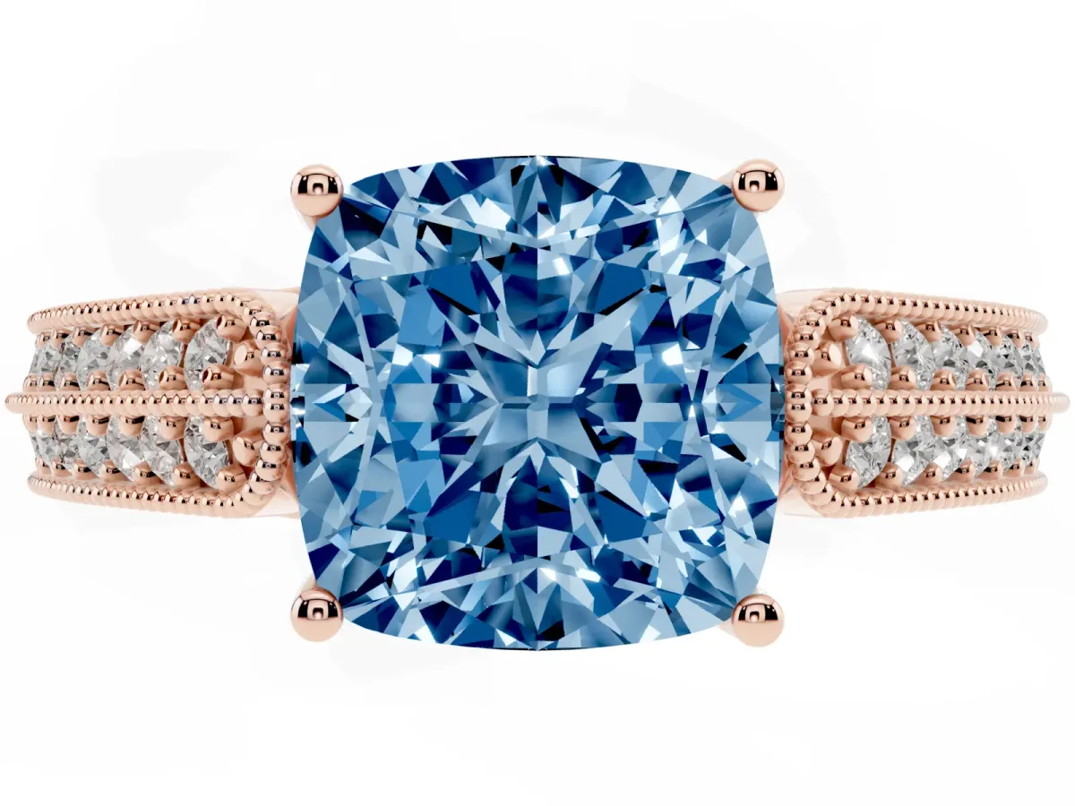 Fancy Blue Cushion Cut Cut Pave Split Shank Engagement Ring with Four-Prong Setting Rose gold