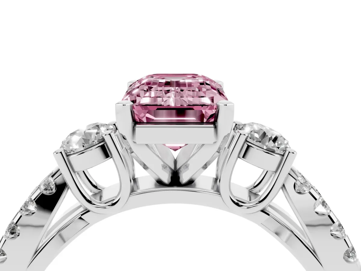 Fancy Pink Emerald Cut Diamond Three-Stone Ring with Pavé Split Shank and Four-Prong Setting Silver