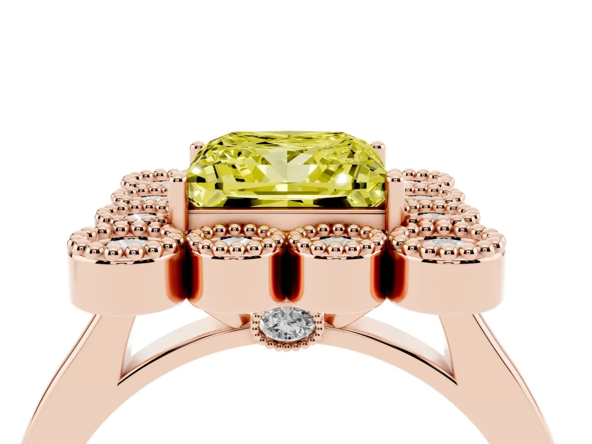 Fancy Yellow Princess Cut Halo Diamond Cluster Engagement Ring with Milgrain Bezel Setting and Solitaire Band Rose gold