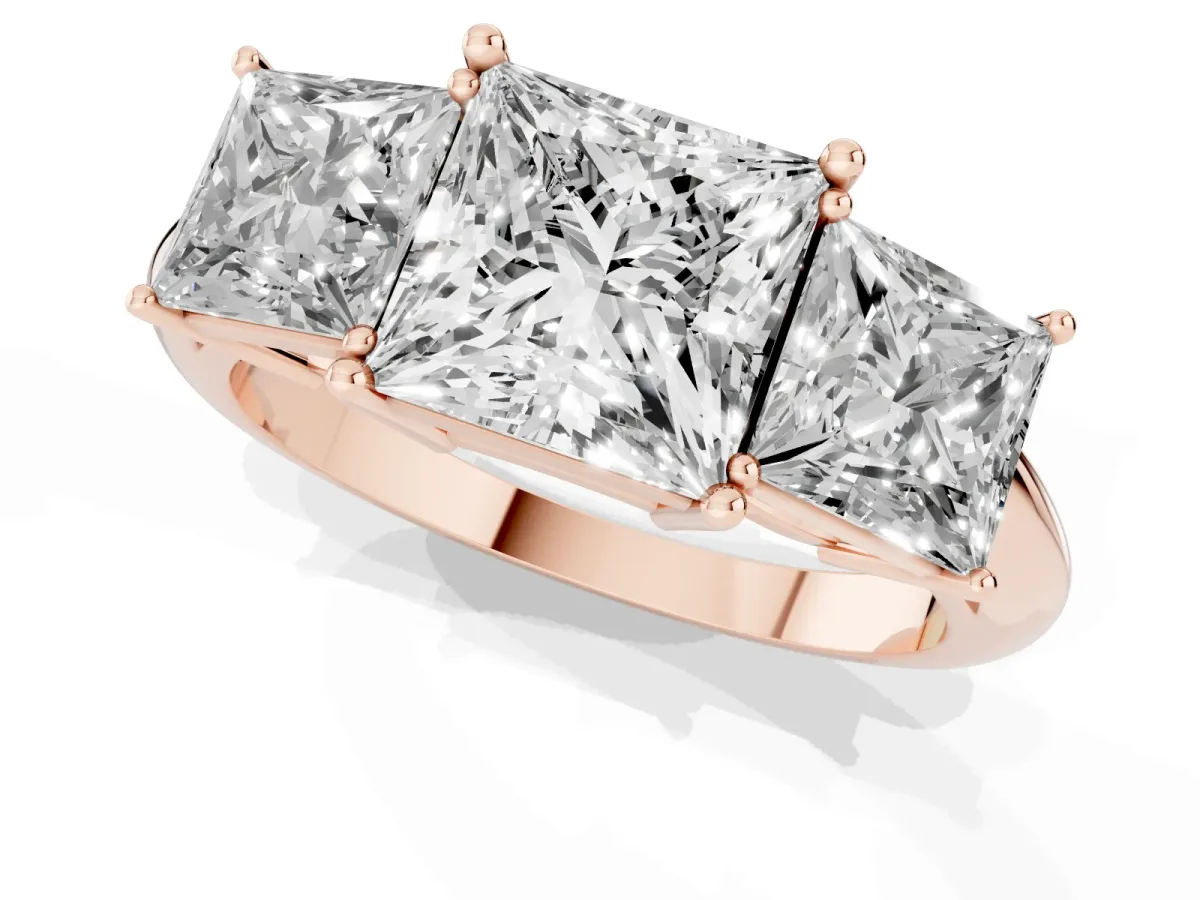 Three-Stone Princess Cut Cut Diamond Engagement Ring with Prong Setting on a White Gold Band Rose gold