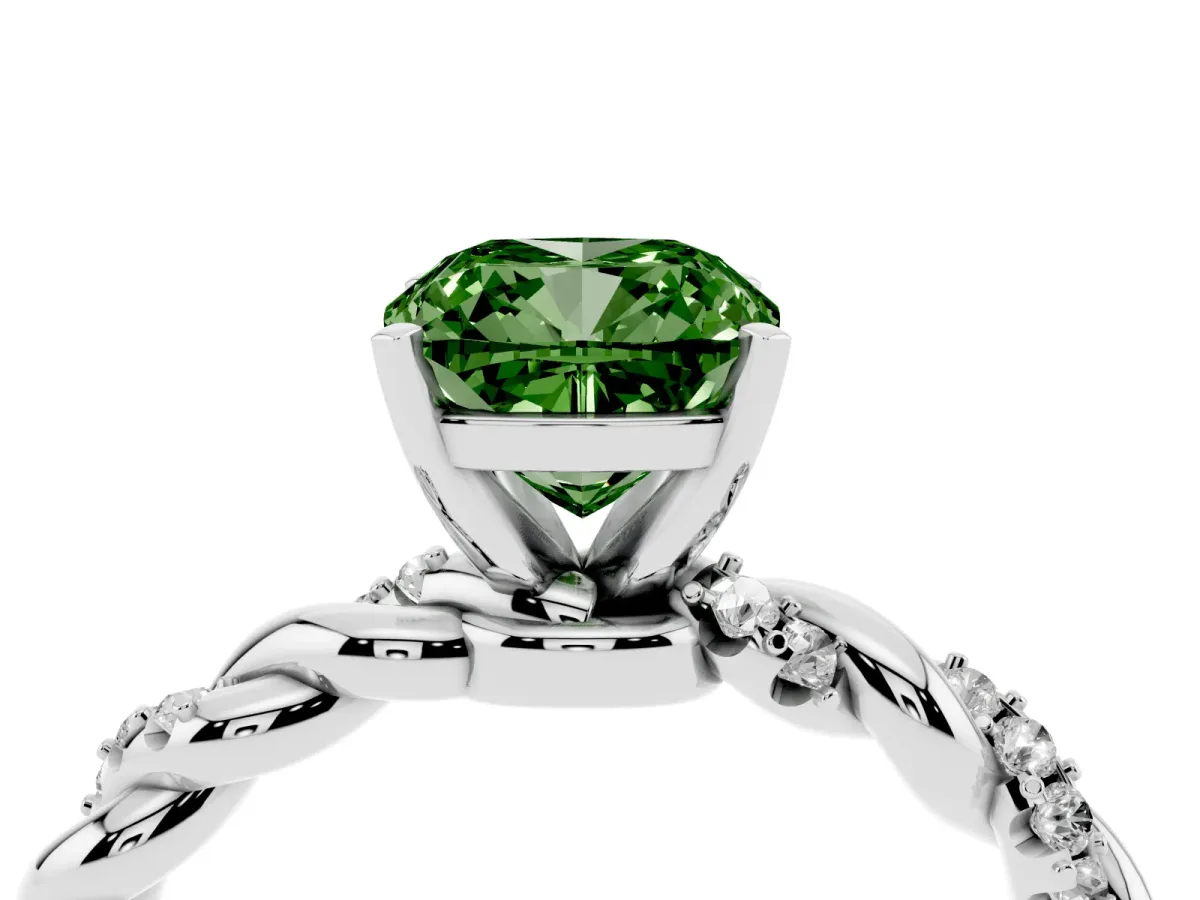 Fancy Green Cushion Cut Diamond Solitaire Ring with Twisted Band and Pavé Accents Silver