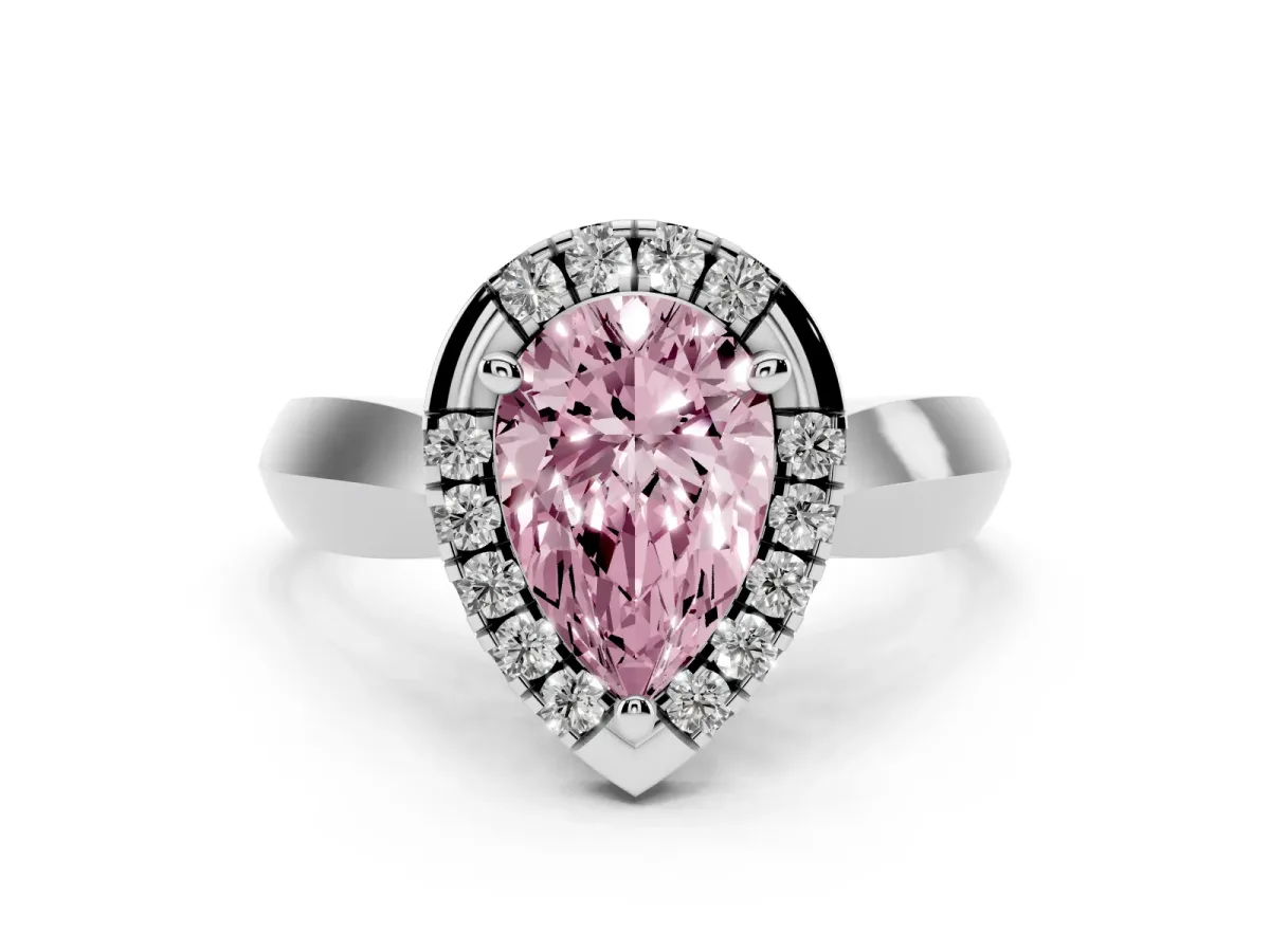 Fancy Pink Pear Cut Cut Halo Solitaire Engagement Ring with Square Band and Four-Prong Setting Silver