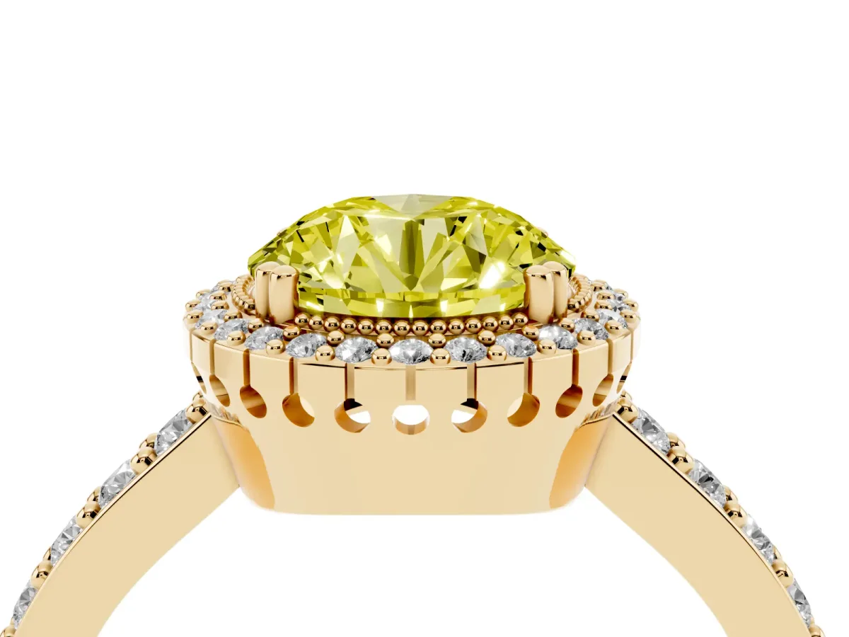 Fancy Yellow Round Cut Cut Diamond Halo Engagement Ring with Milgrain Detail and Pavé Band Yellow gold