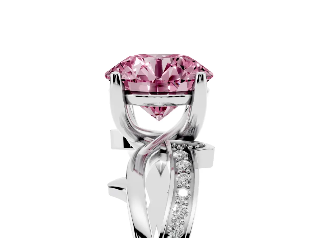 Fancy Pink Round Cut Solitaire Twist Band with Pavé Accents and Four-Prong Setting Platinum