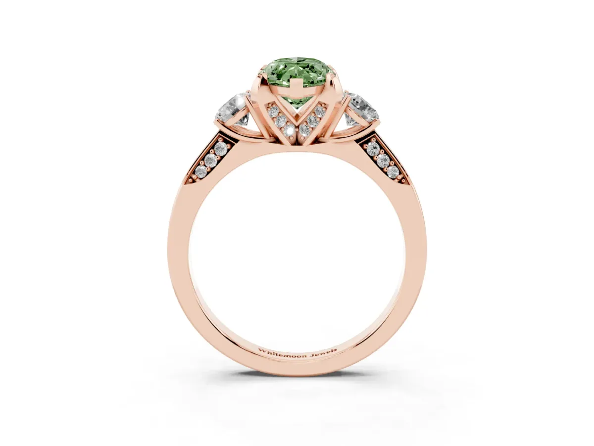 Fancy Green Marquise Cut Brilliant Three-Stone Diamond Ring with Pavé Band and Four-Prong Setting Rose gold