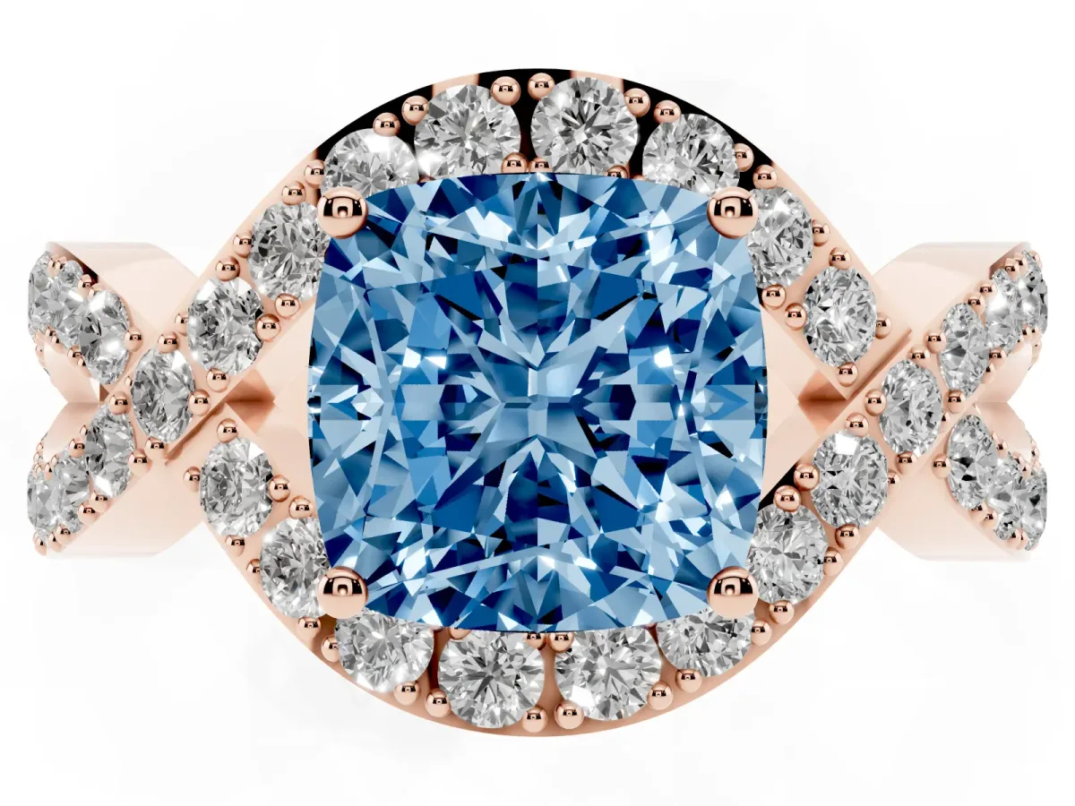 Fancy Blue Cushion Cut Solitaire Twist Band Pavé Diamond Engagement Ring Rose gold