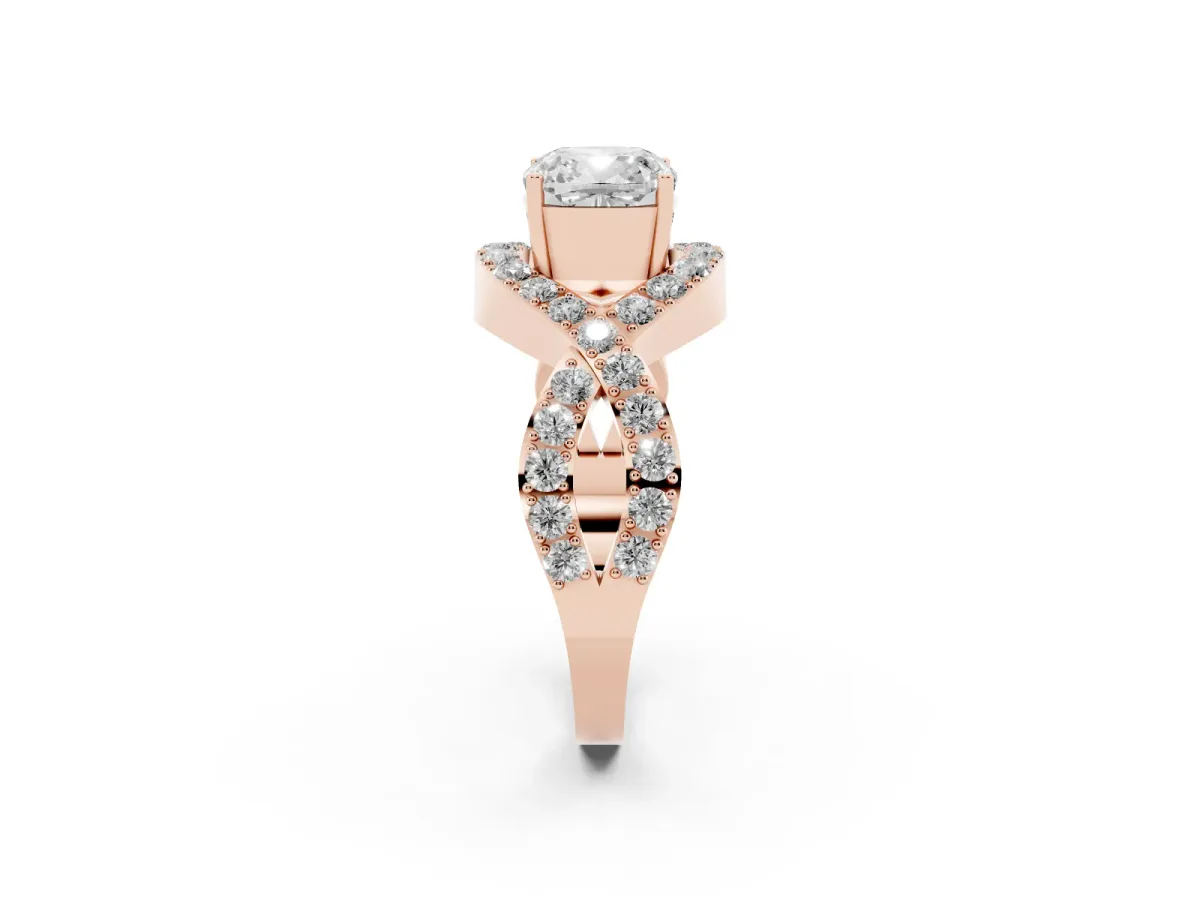 Cushion Cut Solitaire Twist Band Pavé Diamond Engagement Ring Rose gold